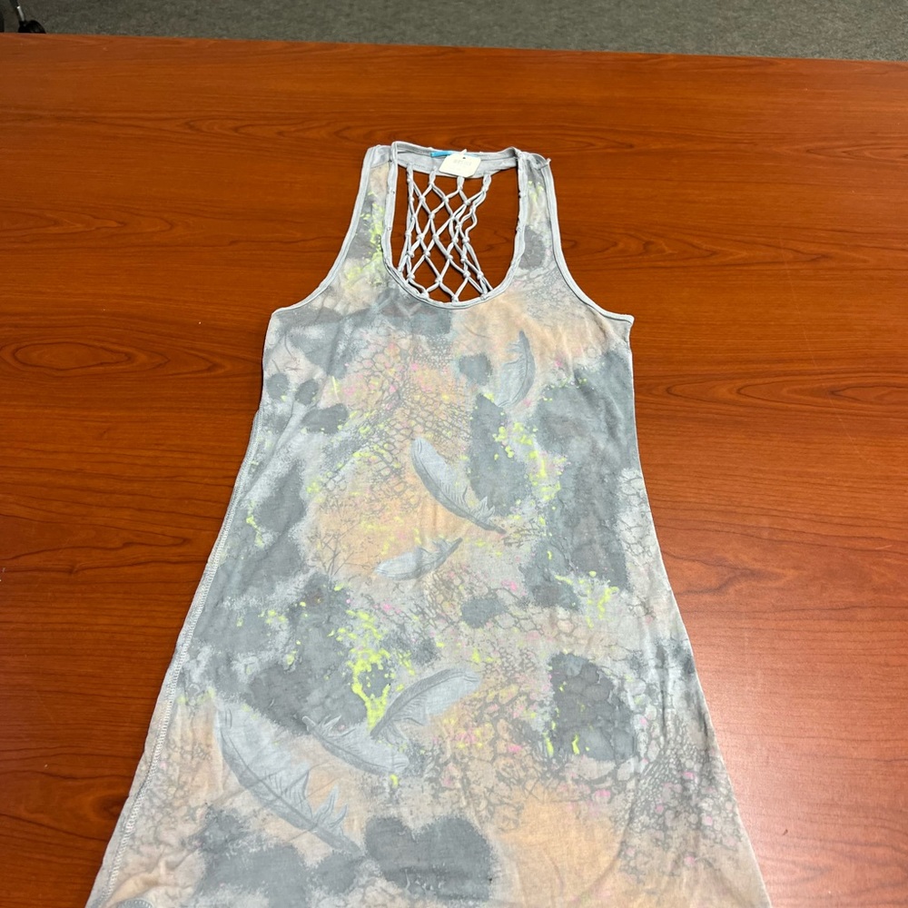 Anthropologie Anama Gray Multicolor Sleeveless Love Floral Tattoo Dress Sz L 262